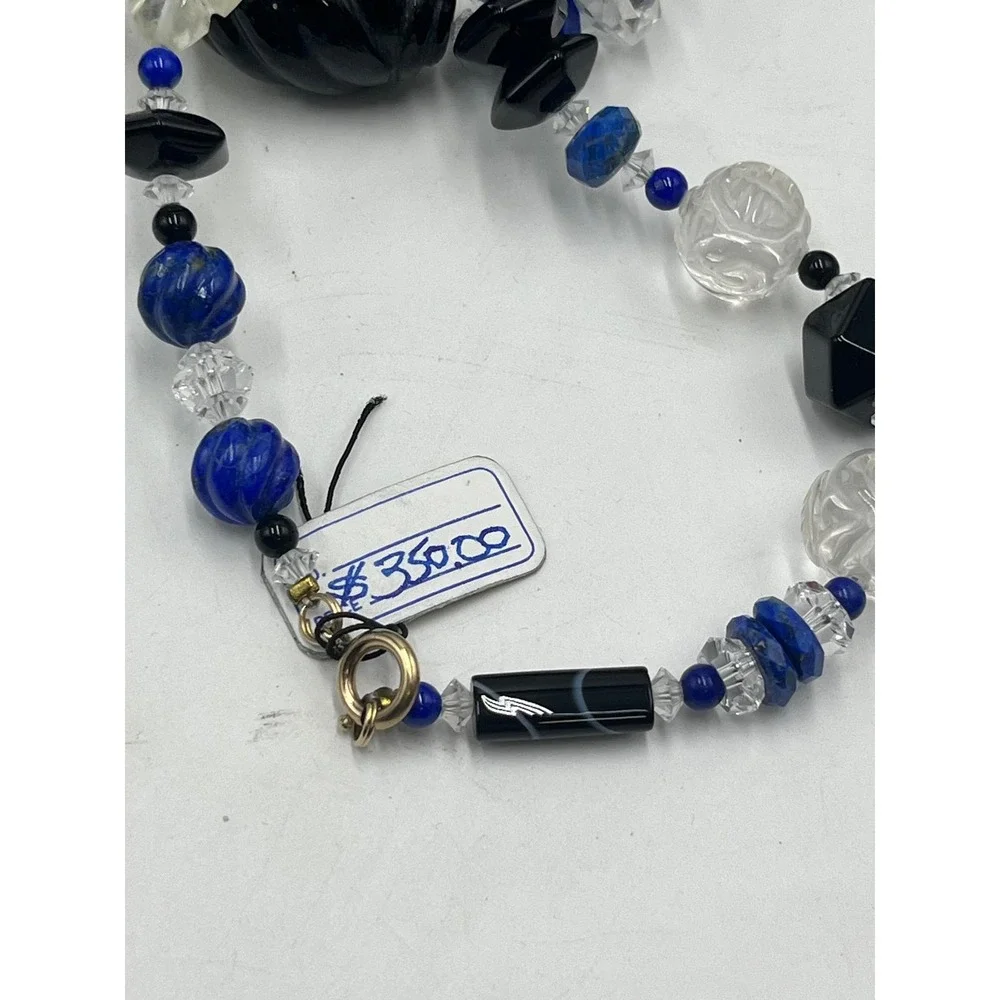 Neckings‎ by Paulette One of a Kind Chunky Carved Rock Quartz Blue Sodalite Onyx